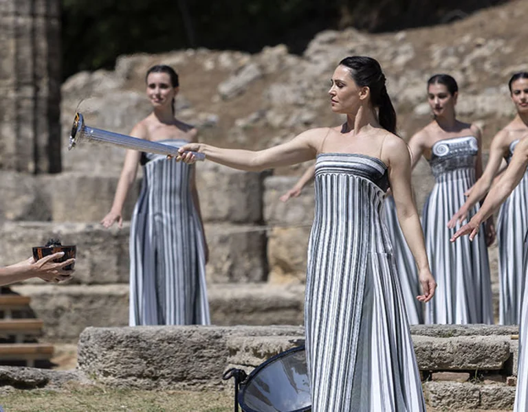 Olympia, Greece - April 15, 2024: Final dress rehearsal of the Olympic flame lighting ceremony for the Paris 2024 Summer Olympic Games in Ancient Olympia, Greece