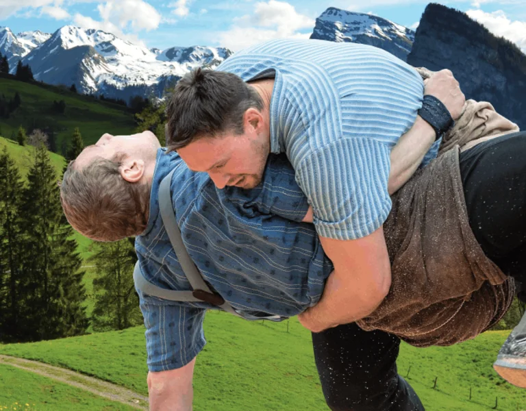two man are fighting in a Swiss landscape