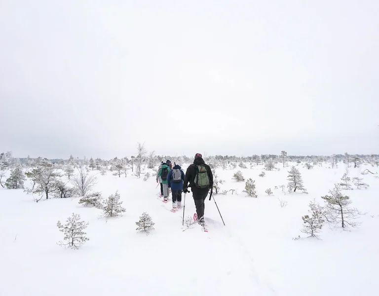 Man walking in snowy landscape.