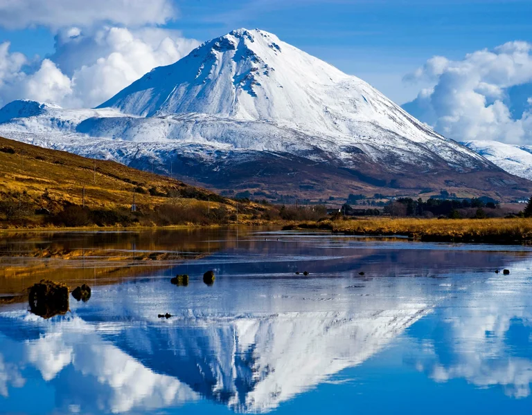 Mountain with snow in a clear lake