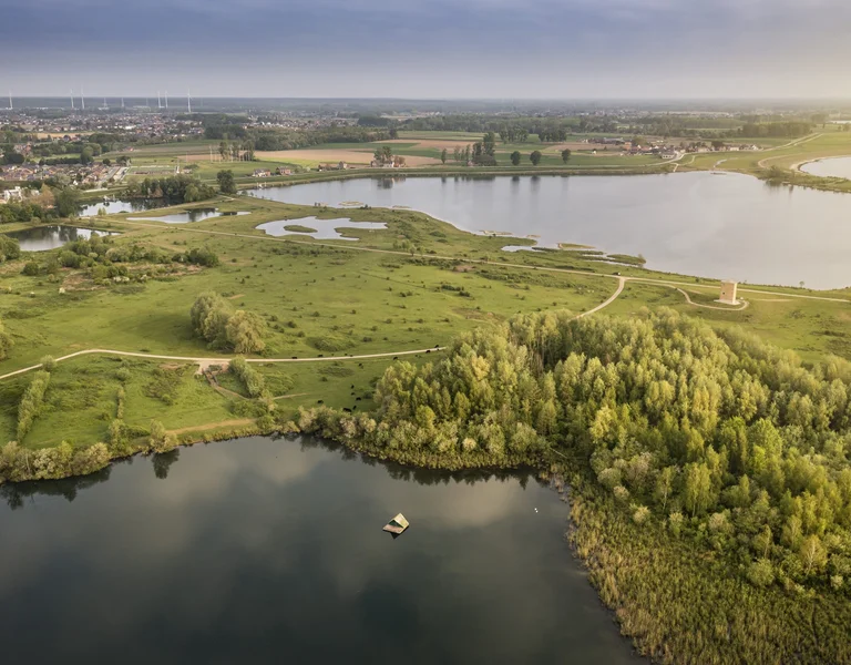 Forest and lakes in Flanders seen from above (aerial shot).