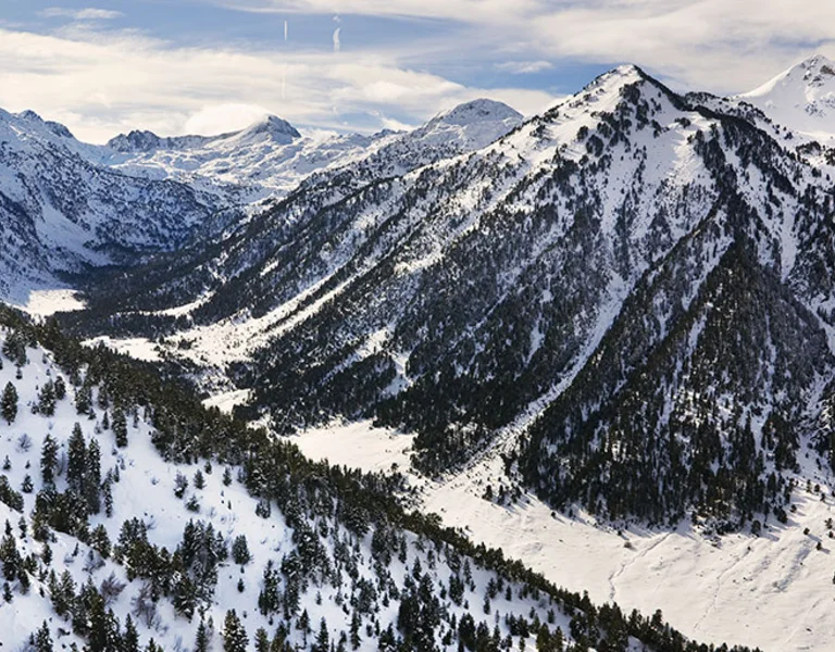 Snow-covered mountain valley with pine trees and peaks under a cloudy sky.
