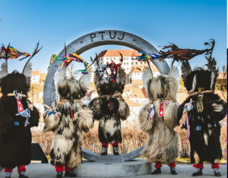 Collage of festival scenes, birdhouse decorations, traditional costumes, and an outdoor event with moon replica.