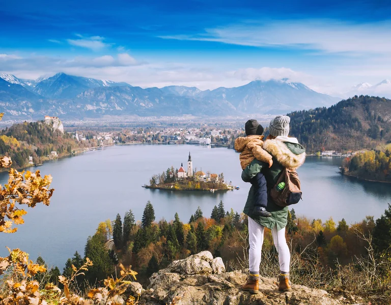 Family,Travel,Europe.,Mother,With,Son,Looking,On,Bled,Lake.