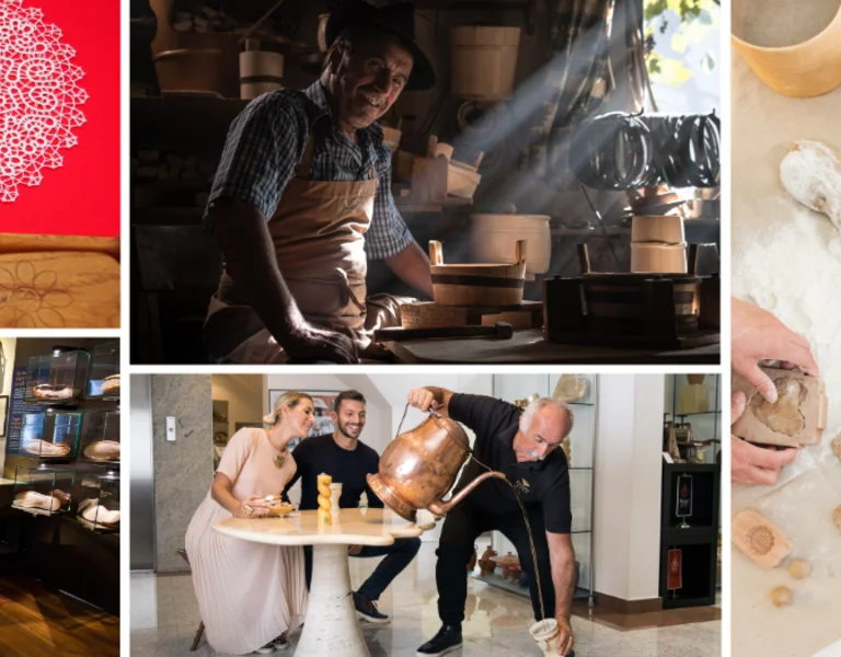 A collage showcasing traditional crafts: lace-making tools, children exploring a museum, a potter at work, and people crafting items.