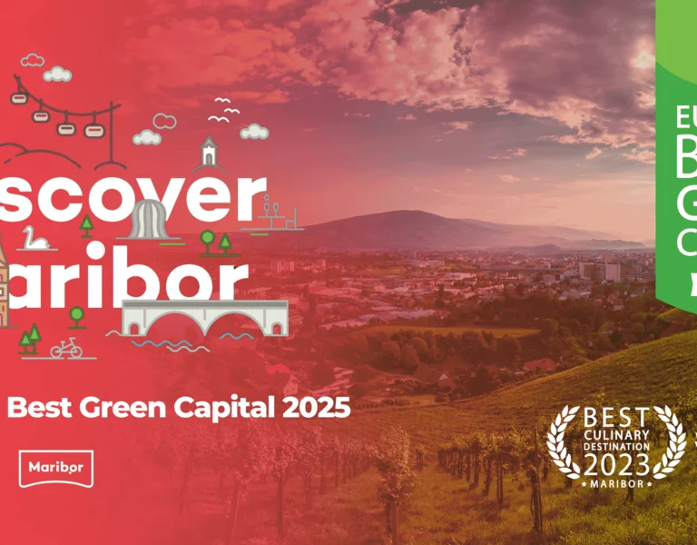 A promotional image for Maribor, highlighting it as the European Best Green Capital 2025, featuring landscapes and icons.