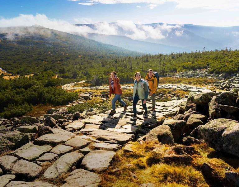 Three hikers navigate a rocky path on a mountainous terrain, with lush green forests and misty peaks in the background.