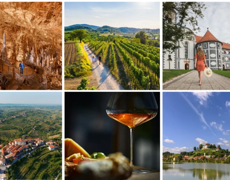 A collage showcasing Slovenia's beauty: vibrant towns, picturesque vineyards, stunning caves, historic architecture, and outdoor adventures.
