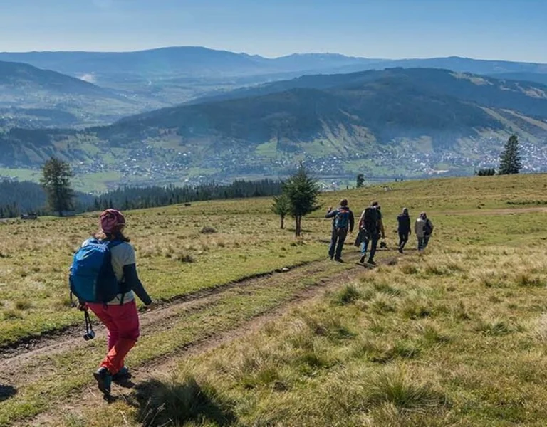 A group of hikers trekking along a scenic trail, overlooking valleys and mountains on a clear day in a lush, green landscape.