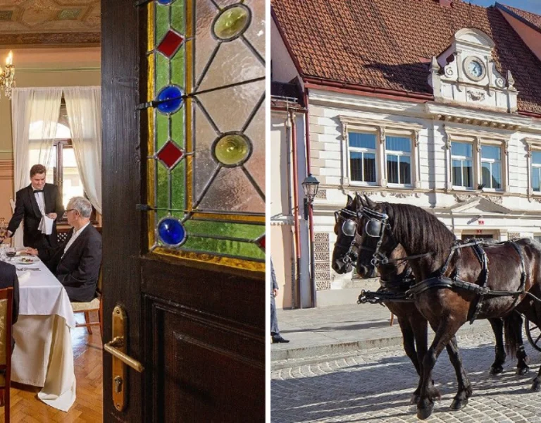 Elegant dining at Villa Mayer and a horse-drawn carriage in Šoštanj, showcasing Slovenia’s leather-making heritage and vintage charm.