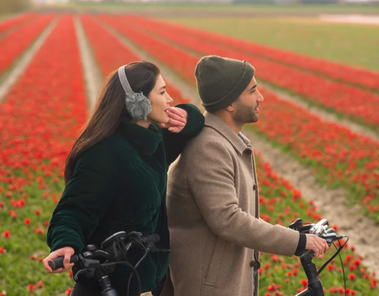 Couple with bicycles beside blooming red tulip fields in the Netherlands.
