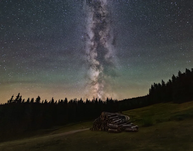 Milky Way galaxy stretches above a forest clearing with stacked logs at night.