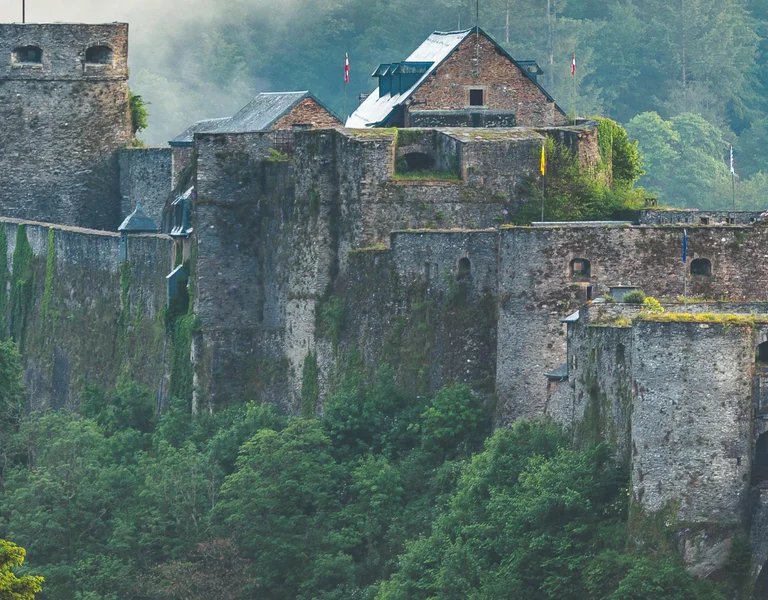 Old stone castle surrounded by dense green forest on a misty day.