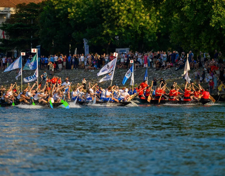 Dragon boat teams racing on a river with a crowd watching from the shore.