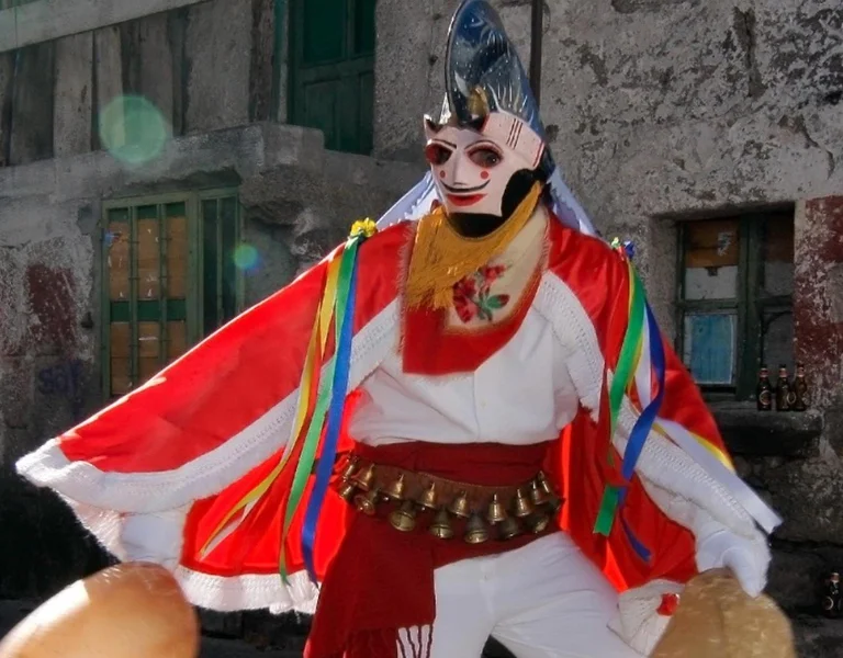 Person in colorful festival costume and mask standing on a rustic street.