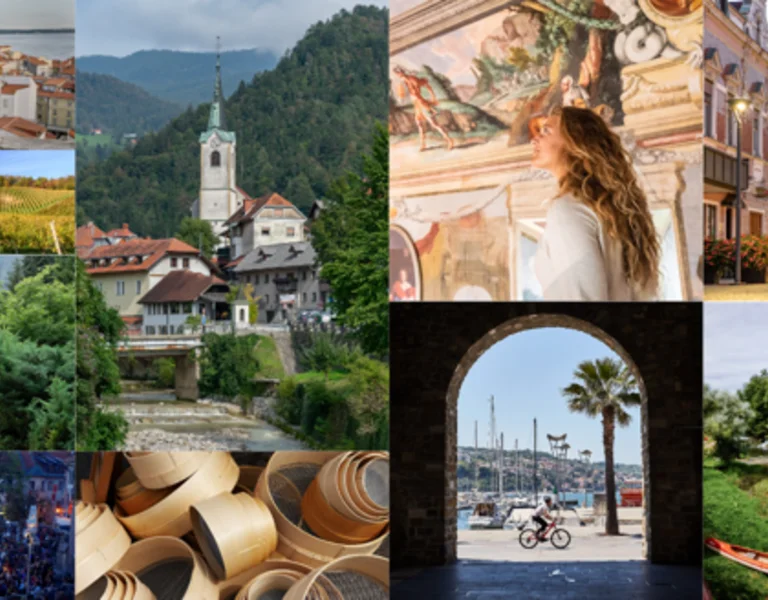 Collage of European architectural landmarks, landscapes, town squares, and historic buildings.