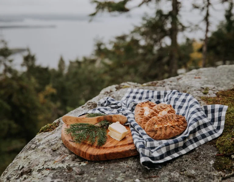 Loaf of bread and cheese on a checkered cloth atop a rock, forest and lake in background.