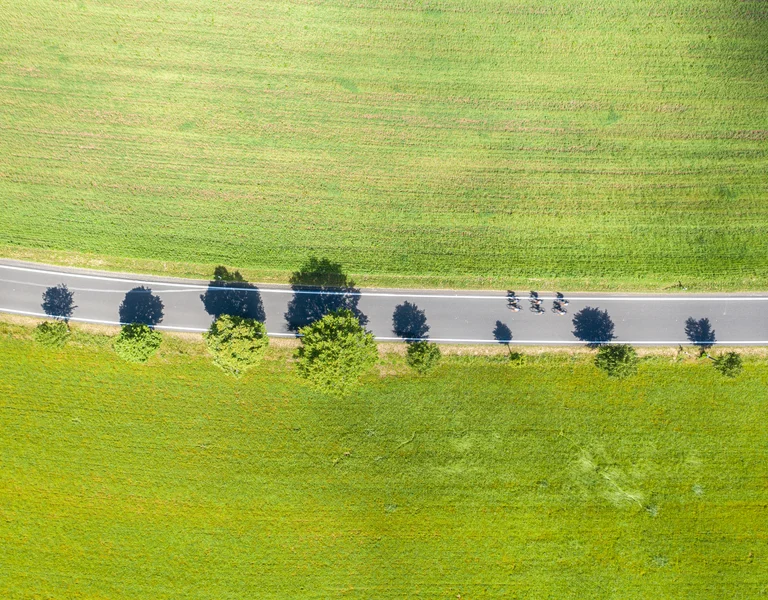 Aerial view of a road with four cyclists and green fields on both sides.