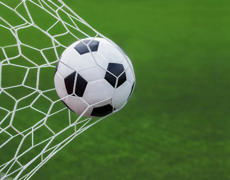 Soccer ball hitting the back of a net on a green field.