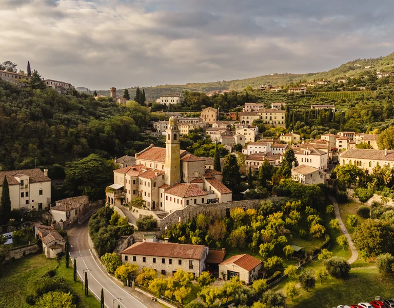 Hilltop village with historic buildings surrounded by green trees under a cloudy sky.