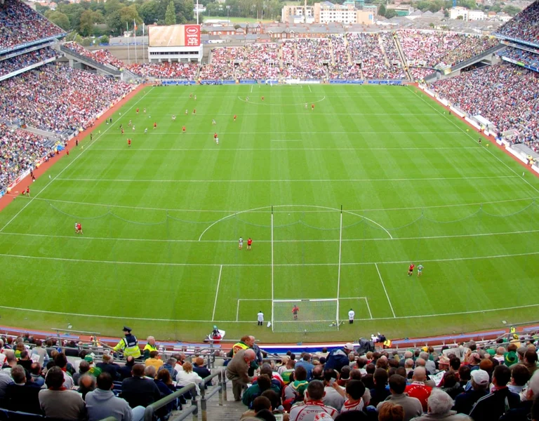 Crowded soccer stadium with green field and cheering fans in the stands.