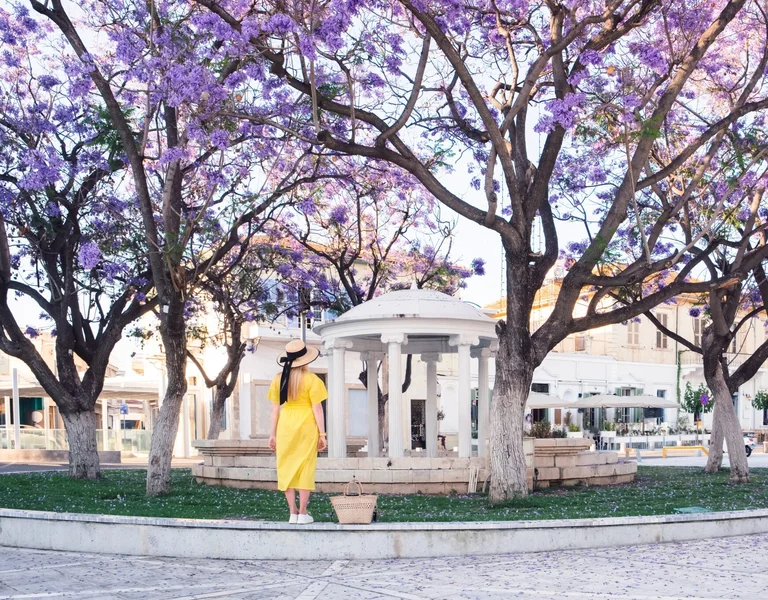 Woman in a yellow dress stands under blooming purple trees near a white gazebo.