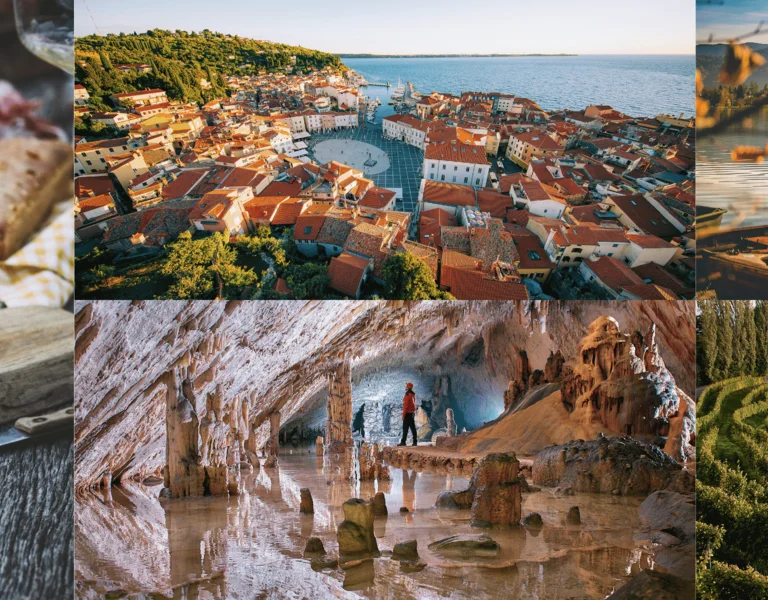 Charcuterie board, coastal town, river boats, cave interior, and terraced vineyard.