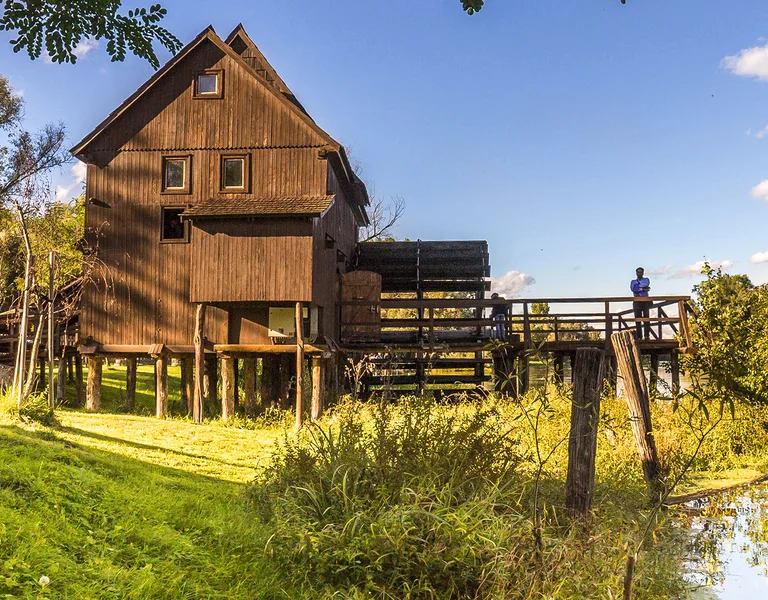 Wooden house by a river surrounded by green grass and trees under a blue sky.