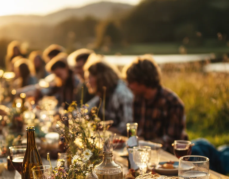 Group of people enjoying an outdoor meal at a long table during sunset by a lake.