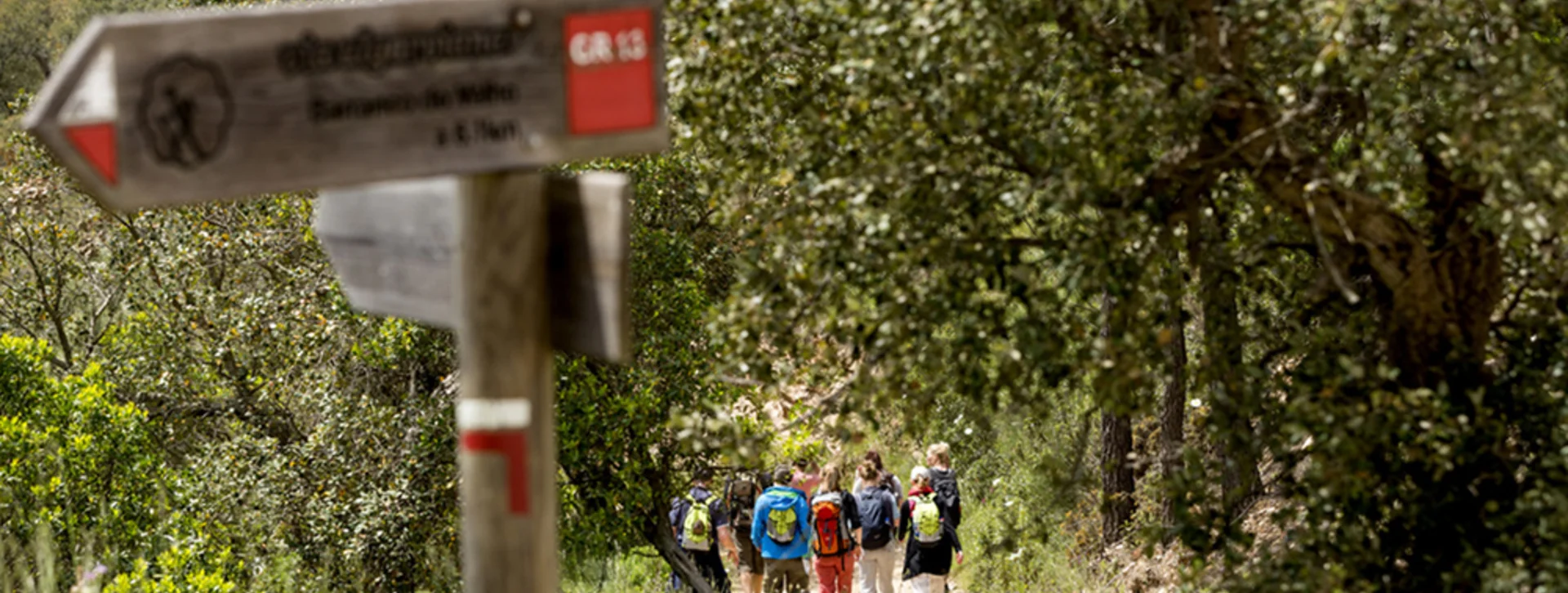 A hiking trail sign directs towards Barranco do Malho, with a group of hikers in the background surrounded by lush greenery.