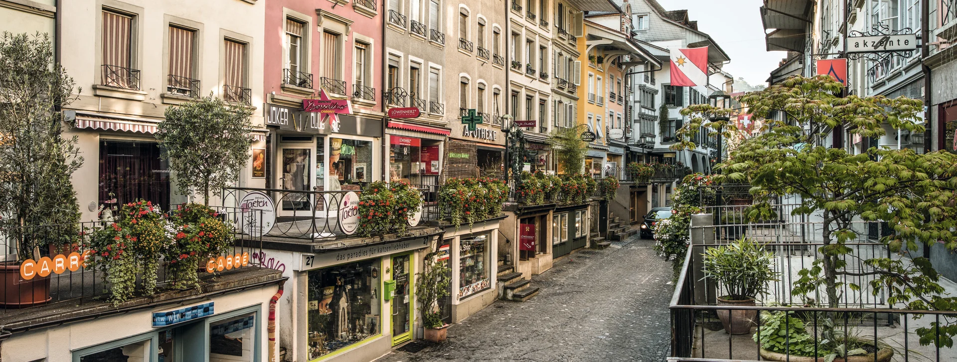 Street view of the main street of the city Thun in Switzerland.