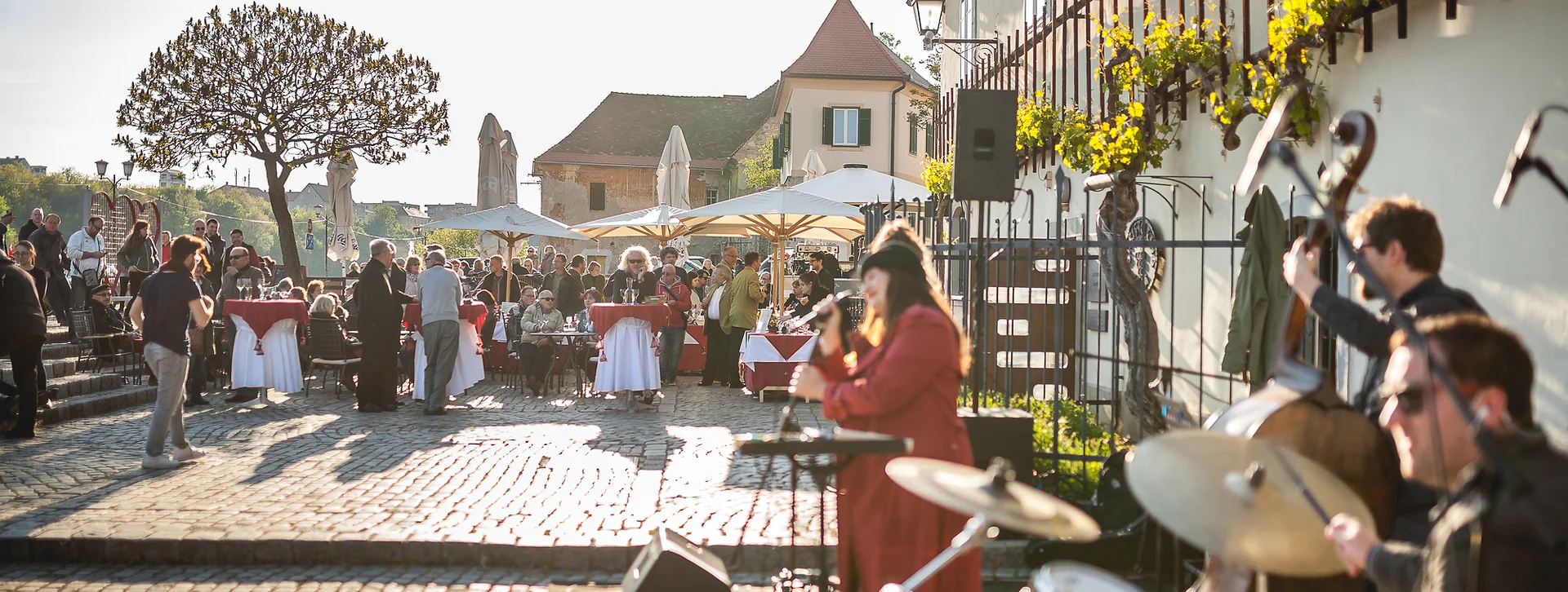 Band performing outdoors with people dining at tables in the background.