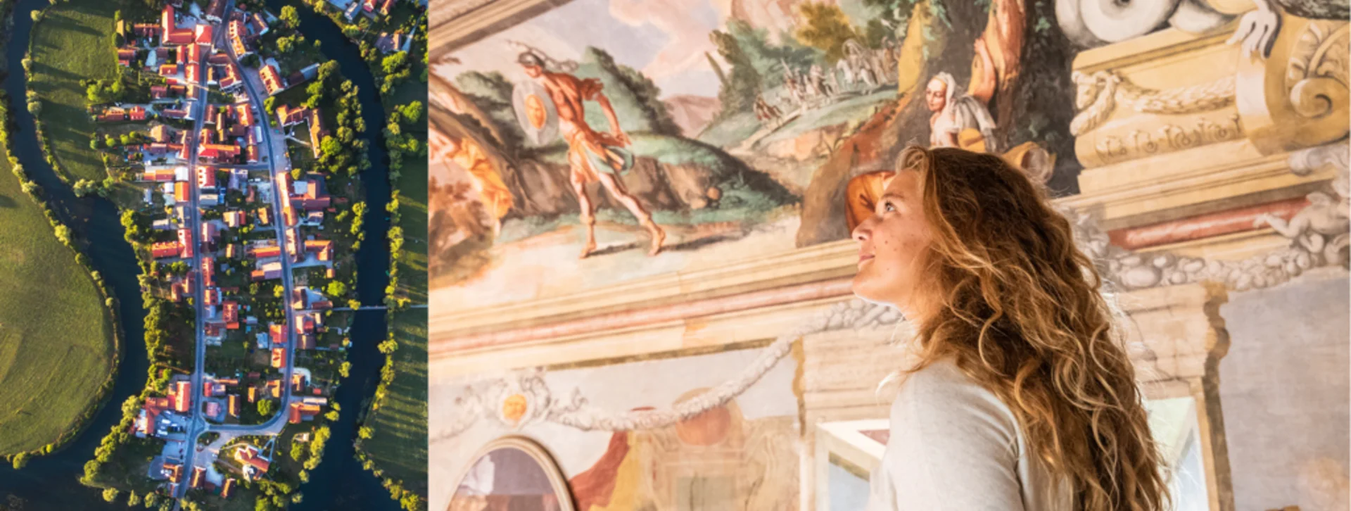 Woman admiring a colorful, ornate ceiling mural in an art gallery.
