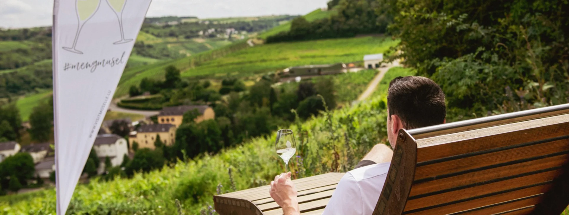 Person relaxing on a wooden bench overlooking green hills and vineyards on a sunny day.