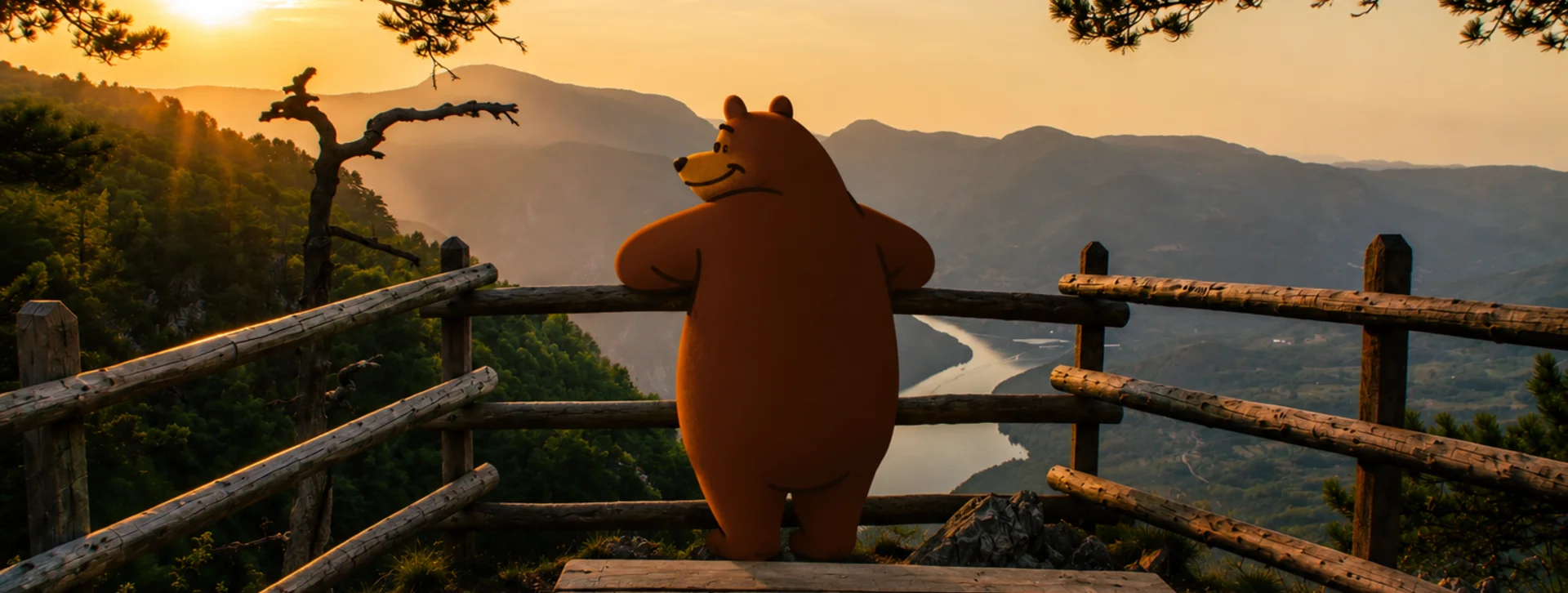 Cartoon bear admiring a scenic mountain valley at sunset, standing by a wooden fence.