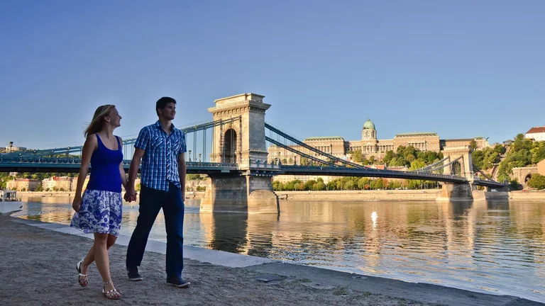 Romantic stroll along the Danube waterfront in Budapest, Hungary