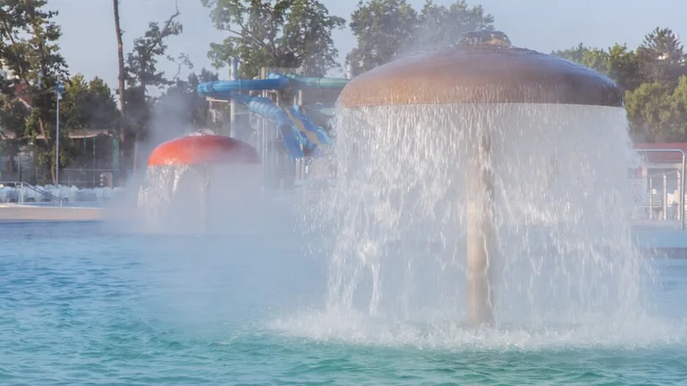 A mushroom-shaped water fountain in a pool with water slides in the background.