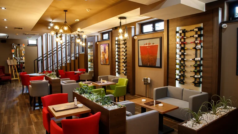 A modern Serbian restaurant interior with red and grey chairs, wine racks on walls, and decorative plants.