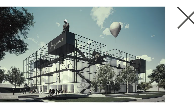 Modern glass building with external stairs, people, and a hovering balloon, under a blue sky.