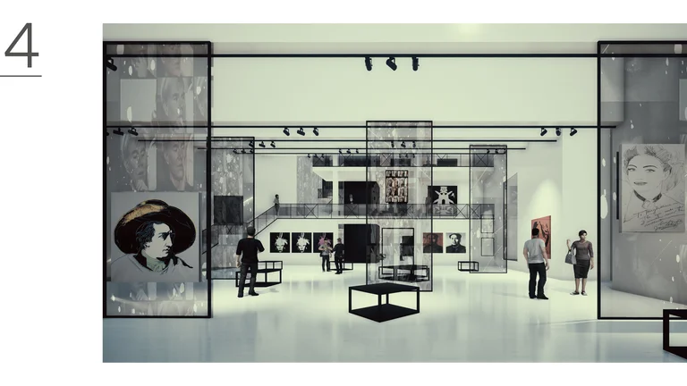 Modern art gallery interior with visitors and various artworks displayed.