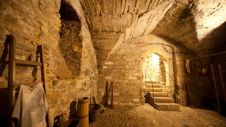 Illuminated medieval stone cellar with archways, stairs, and vintage tools.