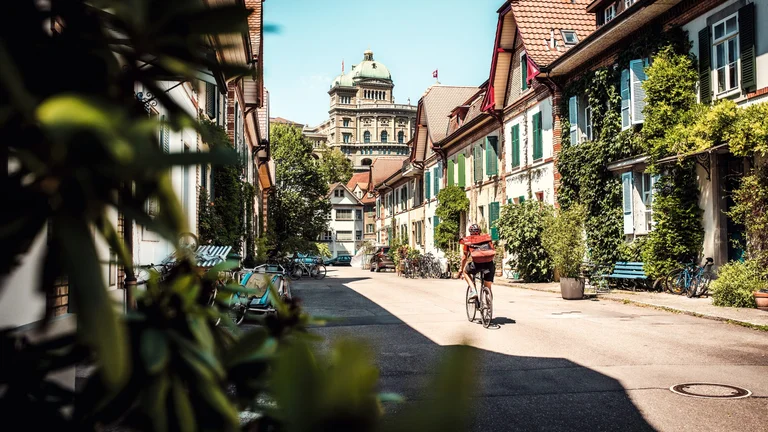 A cyclist rides through a quaint, tree-lined street in Bern, flanked by charming houses and a distant view of a grand building under a blue sky.