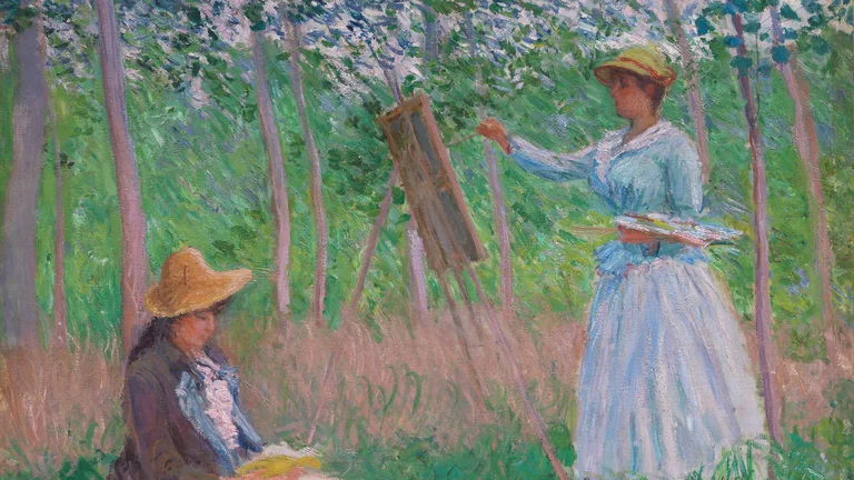 Two women in a lush, green park; one stands painting on an easel while the other sits reading, surrounded by vibrant foliage.