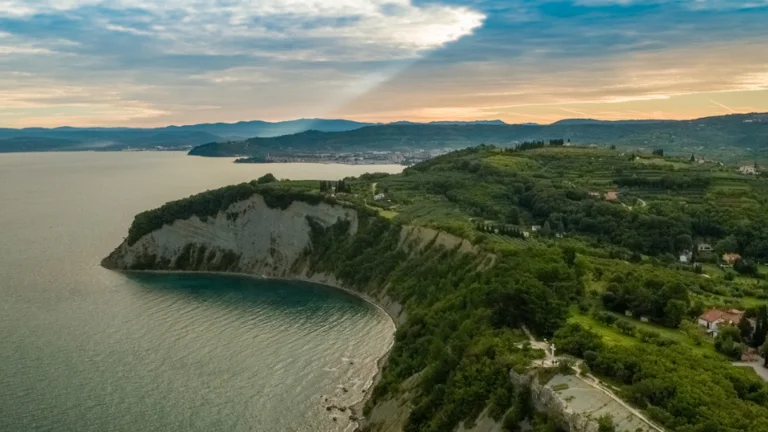 Aerial view of Moon Bay on the Slovenian coast, with dramatic cliffs and lush greenery at sunset.
