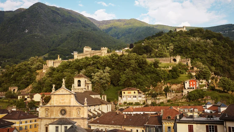 Aerial view of the Montebello Castle in Bellinzona, Switzerland.