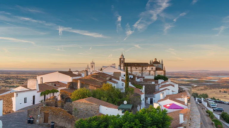 Scenic view of Monsaraz village in Alentejo, Portugal at sunset.