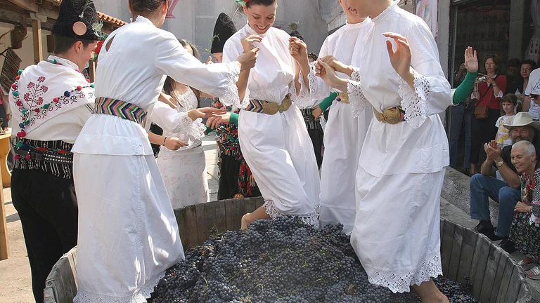 A group of women in traditional white dresses participate in a grape stomping festival, surrounded by spectators in a vibrant setting.