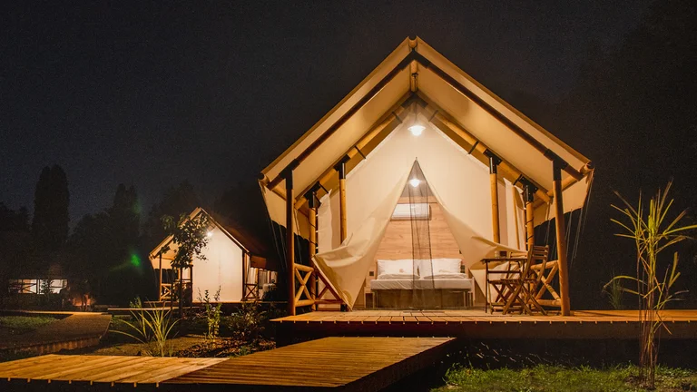 Glamping tent at night near Banská Štiavnica, Slovakia.