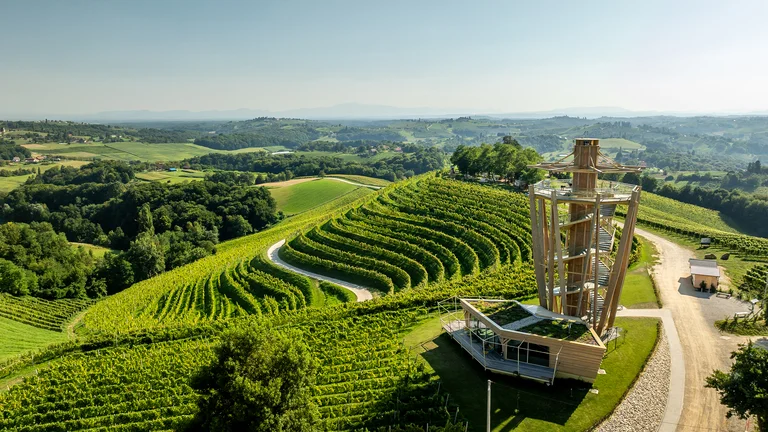 Modern tower beside green, terraced vineyards under clear sky in a rural landscape.