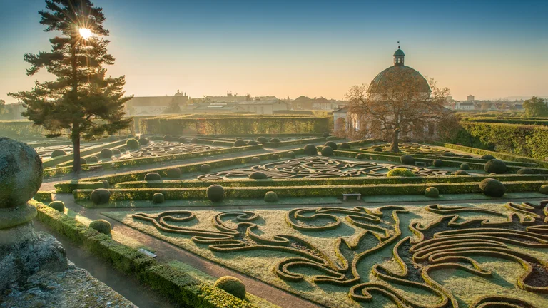 Baroque ornamental gardens at Kroměříž Flower Garden at sunrise